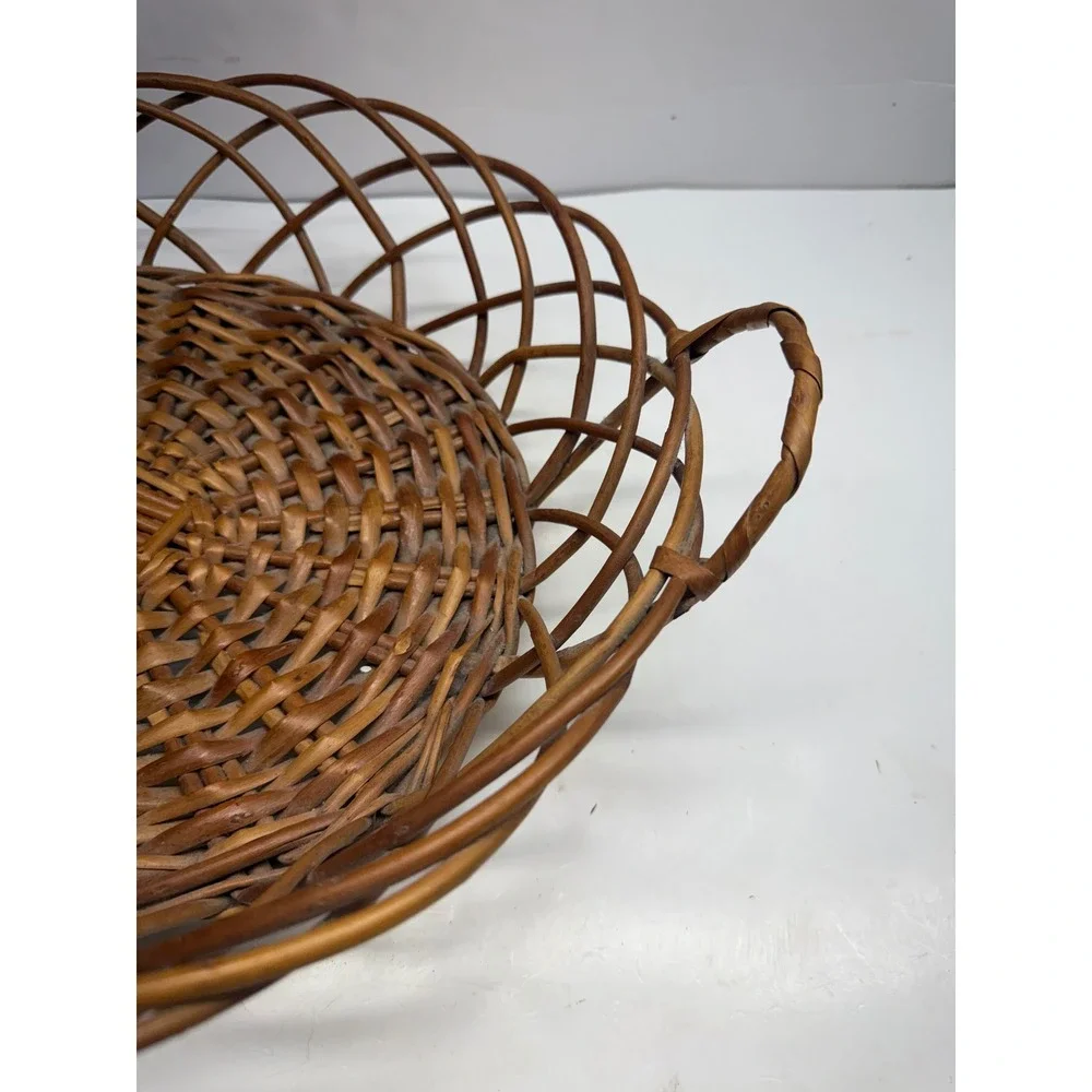 Vintage Portugal Wicker Basket Round Open Weave Lattice Boho Decor Brown 16in